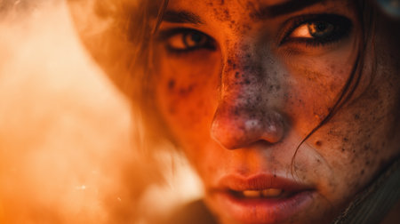Close-up portrait of a fierce woman with tousled hair, dirt and sweat on her face, wearing tactical gear in front of blazing fire, intense emotion and survival spirit in a dramatic wild setting.の素材