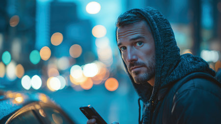A focused man in modern streetwear jacket holding a phone on a city street at dusk, with moody blue and orange bokeh lights and cars in the background, conveying an urban lifestyle and technology vibe.の素材
