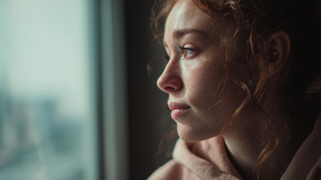 Thoughtful person gazing out sunlit window with city view, reflecting solitude, contemplation, and mental health themes in warm afternoon light.の素材