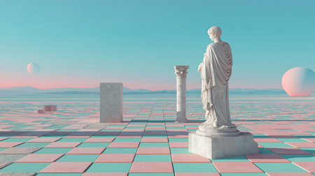 Vaporwave surreal landscape with classical statue, tiled floor, columns, potted plant in a dreamy and aesthetic scene.の素材