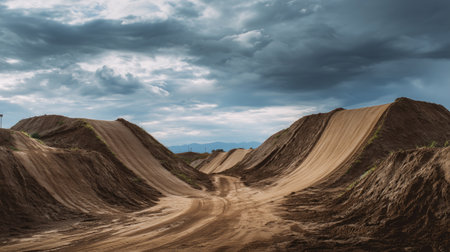 Section of the monster truck track with massive dirt ramps and clear tire marks, capturing the scale and rugged detail of an outdoor dirt racing course.の素材