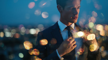 Dramatic confident businessman adjusting tie on rooftop at blue hour with glowing city lights in the background.の素材
