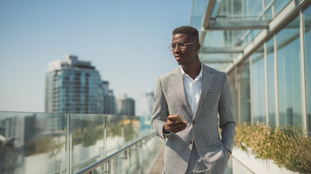 Confident young businessman in slim gray suit walking on rooftop terrace while using smartphone, surrounded by dreamy colorful bokeh and clear blue sky.の素材