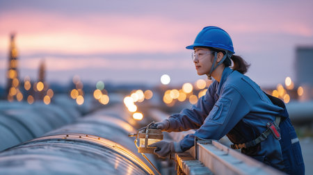 Confident female engineer checking pipeline valve at industrial plant during colorful sunset shift.の素材
