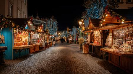 Festive European Christmas market street at night with illuminated holiday stalls, decorated trees, sparkling lights, cobblestone pavement in warm winter.の素材