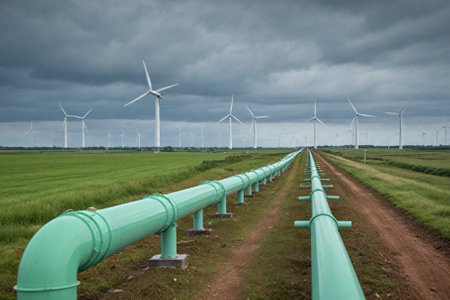 Wind turbines in an agricultural field under a cloudy sky in spring.の素材
