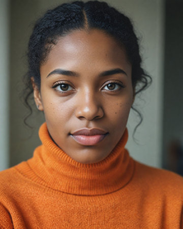Portrait of beautiful african american woman in orange sweater looking at cameraの素材