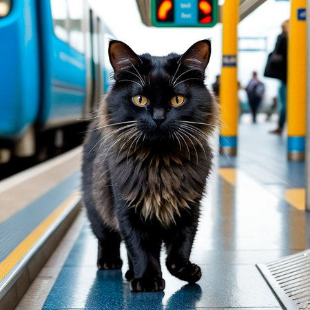 Beautiful black cat with yellow eyes on the platform of the railway stationの素材