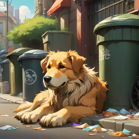 dog on the street with garbage in the city. 3d renderingの素材
