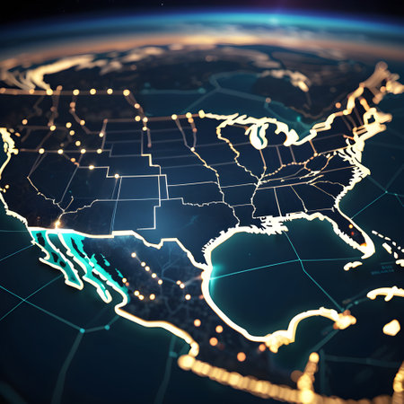 Map of USA on blue digital screen. 3D rendering toned imageの素材