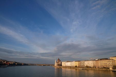 Budapest Houses of Parliament under impressive skyの写真素材