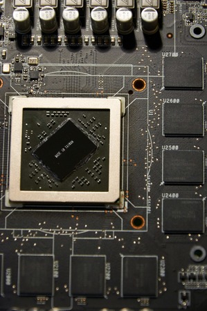Electronic scheme with graphic processor unit without cooler as main object and capacitors on...