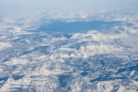 Aerial photo of Lake Tahoe made from airplaneの写真素材