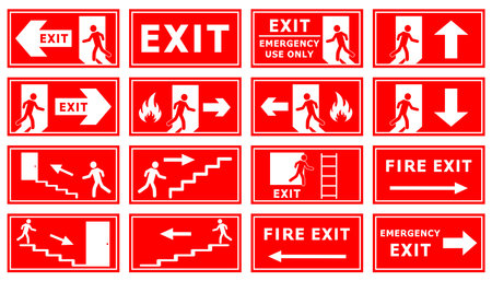 Emergency exit signs set. Vector illustration. Red and white colors.のイラスト素材