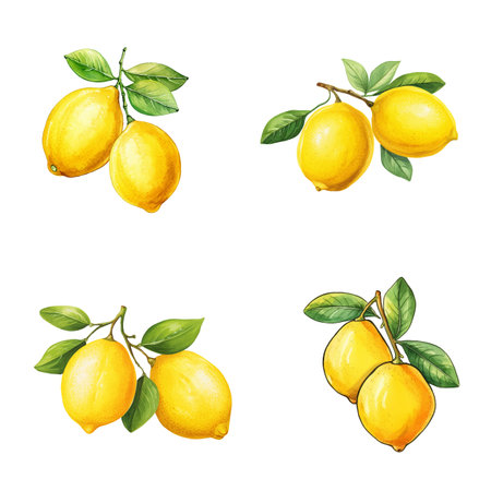 Lemons vector watercolor illustration set, Lemons 3D realistic iconのイラスト素材