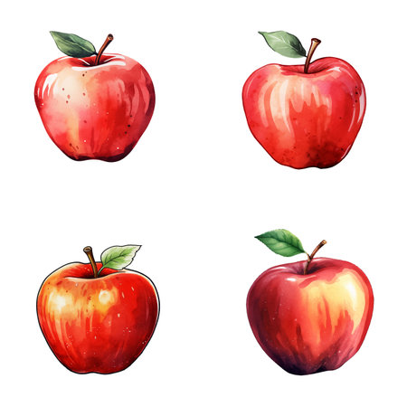 Apple vector watercolor illustration set, Apple 3D realistic iconのイラスト素材