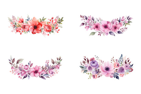 Set of beautiful watercolor flower bouquets, flower arrangements or summer flower bouquets. Can be used for invitations, greetings, and wedding cardsのイラスト素材