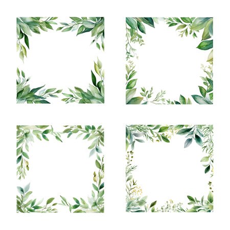 Set of watercolor green leaf frames with copy space, Frame for postcards, wedding invitations, save the date or greeting cardsのイラスト素材