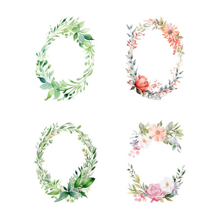 set of watercolor oval flower frame illustrations, template wedding invitation cardのイラスト素材