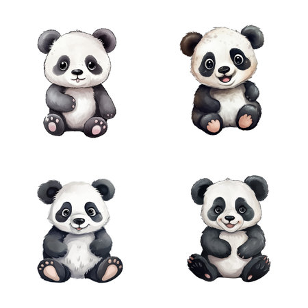 set of cute panda watercolor illustrations for printing on baby clothes, sticker, postcards, baby showers, games and books, safari jungle animals vectorのイラスト素材