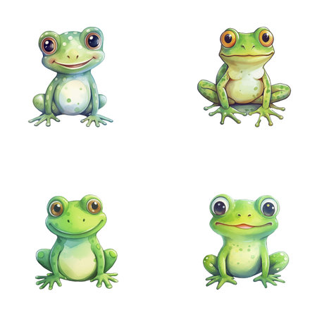 set of cute frog watercolor illustrations for printing on baby clothes, sticker, postcards, baby showers, games and books, safari jungle animals vectorのイラスト素材