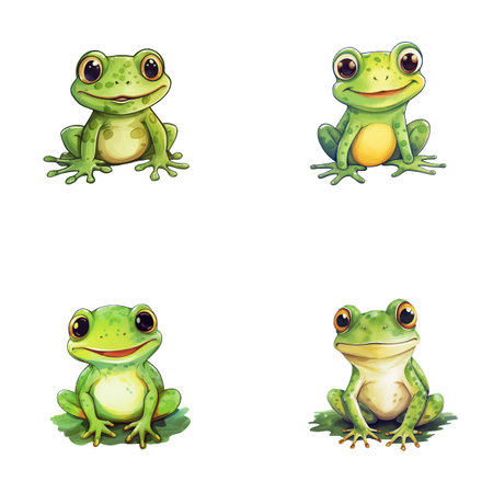set of cute frog watercolor illustrations for printing on baby clothes, sticker, postcards, baby showers, games and books, safari jungle animals vectorのイラスト素材