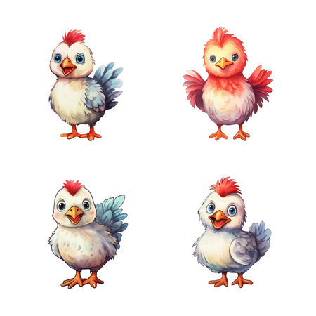 set of happy cute rooster watercolor illustrations for printing on baby clothes, pattern, sticker, postcards, print, fabric, and booksのイラスト素材