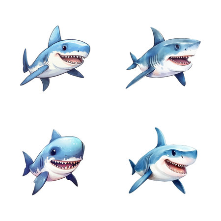 set of happy cute shark watercolor illustrations for printing on baby clothes, pattern, sticker, postcards, print, fabric, and booksのイラスト素材