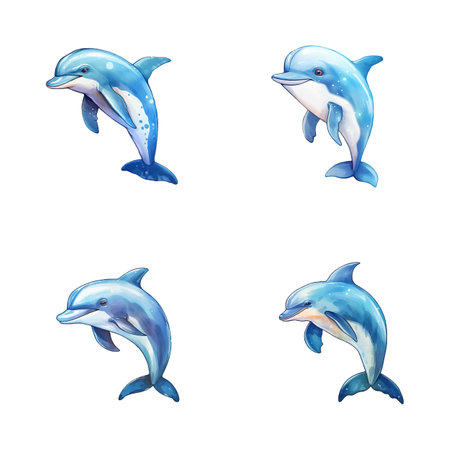 set of happy cute dolphin watercolor illustrations for printing on baby clothes, pattern, sticker, postcards, print, fabric, and booksのイラスト素材