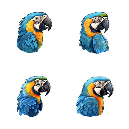 set of happy cute blue and gold macaw watercolor illustrations for printing on baby clothes, pattern, sticker, postcards, print, fabric, and booksのイラスト素材