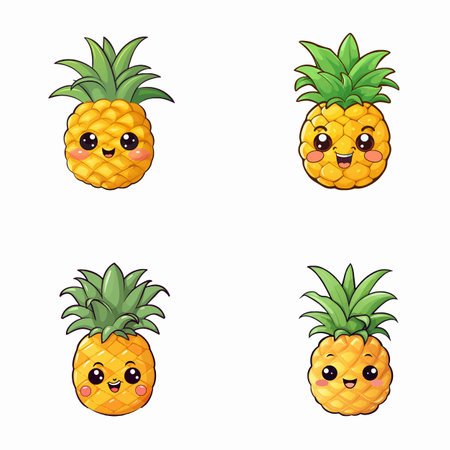 set of happy cute pineapple watercolor illustrations for printing on baby clothes, pattern, sticker, postcards, print, fabric, and booksのイラスト素材