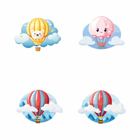 set of happy cute air balloon watercolor illustrations for printing on baby clothes, pattern, sticker, postcards, print, fabric, and booksのイラスト素材