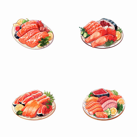 set of sashimi watercolor illustrations for printing on baby clothes, pattern, sticker, postcards, print, fabric, and booksのイラスト素材