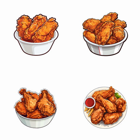 set of fried chicken watercolor illustrations for printing on baby clothes, pattern, sticker, postcards, print, fabric, and booksのイラスト素材