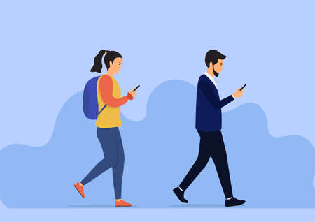 Walking people checking mobile phone. Vector flat design illustration