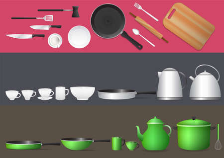 Realistic kitchen utensils set. Vector illustrationsのイラスト素材
