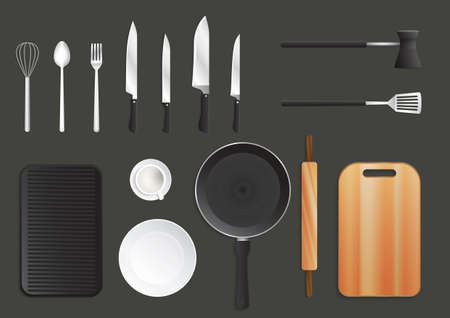 Realistic kitchen utensils set. Kitchenware, cookware, kitchen tools collection. Vector illustrationsのイラスト素材
