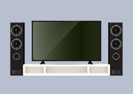 Realistic speaker and smart TV on the table. Vector illustration.のイラスト素材