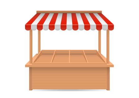 Vector realistic of empty market stall with red and white striped awning isolated on background.のイラスト素材