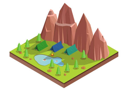 Vector isometric of camp in the forest. Outdoor recreation near the lake and mountain.のイラスト素材
