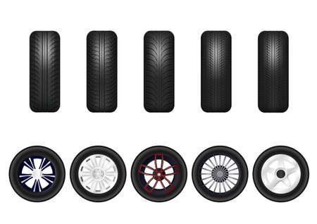 Complete set of car wheels with alloy rims. Isolated on white background