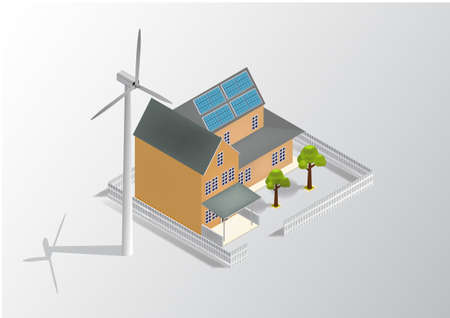 Isometric Green Eco Friendly House With Solar Panel and Windmill. Suitable for real estate brochures and other graphic related assets.の写真素材