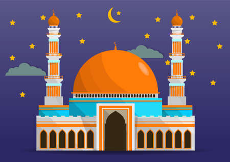 Flat style Mosque isolated on night background with crescent, cloud, and stars. Vector Illustration.のイラスト素材