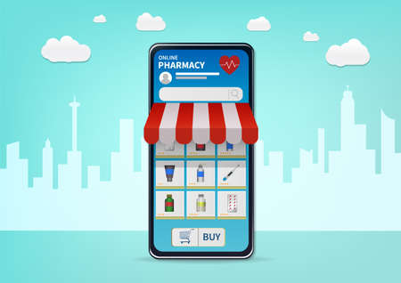 Shopping Online pharmacy on Website or Mobile Application. Marketing Concept vector.のイラスト素材