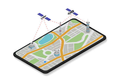 Vector isometric illustrations of communication satellite working on phoneのイラスト素材