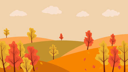 Autumn countryside landscape. Landscapes of mountains with trees and falling yellow, red foliage. Horizontal panoramic autumn landscape.のイラスト素材