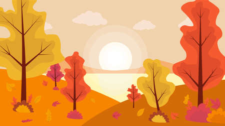 Autumn countryside landscape with lake and sunset. Landscapes of mountains with trees and falling yellow, red foliage.のイラスト素材
