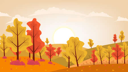 Autumn countryside landscape. Landscapes of mountains with trees and falling yellow, red foliage. Horizontal panoramic autumn landscape.のイラスト素材
