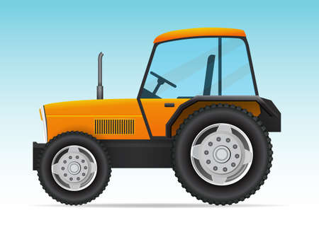 Yellow tractor vehicle vector illustration. Side view of modern farm tractor.