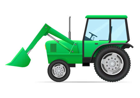 Agricultural vehicle side view. Green tractor, grader with bucket isolated on a white background.